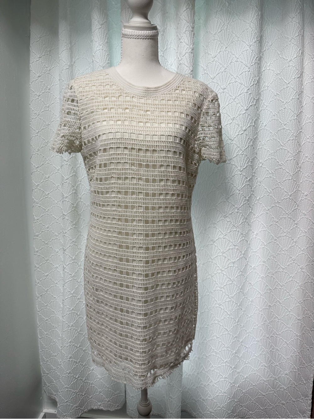 Tory Burch Open-Knit Short-Sleeve Mini Dress in Beige